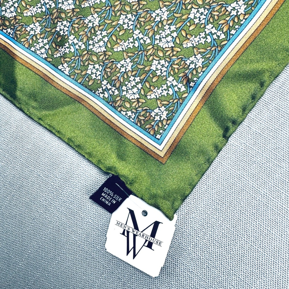 NWT Men's Wearhouse Pocket Square Men OS Green Floral Silk Accessory Suit NWT